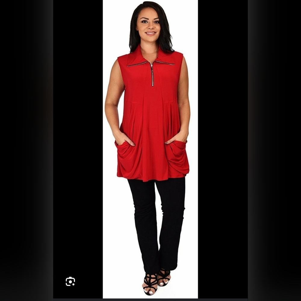 Red Boxy Zippered Polo Tunic